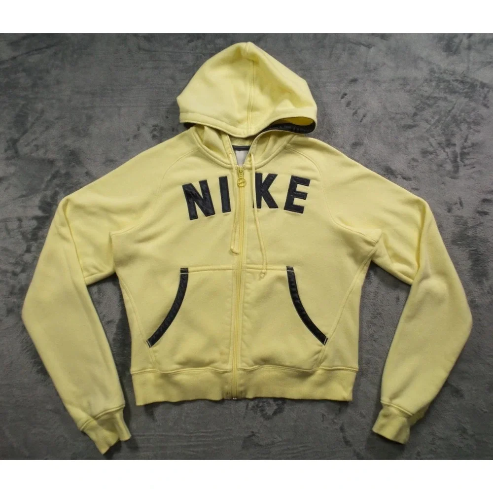 Nike Sweatshirt Womens Size M (8-10) Yellow Full Zip Hooded Pockets‎ Y2K Tag